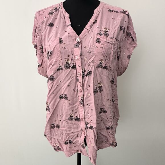 Torrid Size 00 Pink Bicycle Print V-Neck Button Front Tunic Blouse Short Sleeve - Picture 2 of 12
